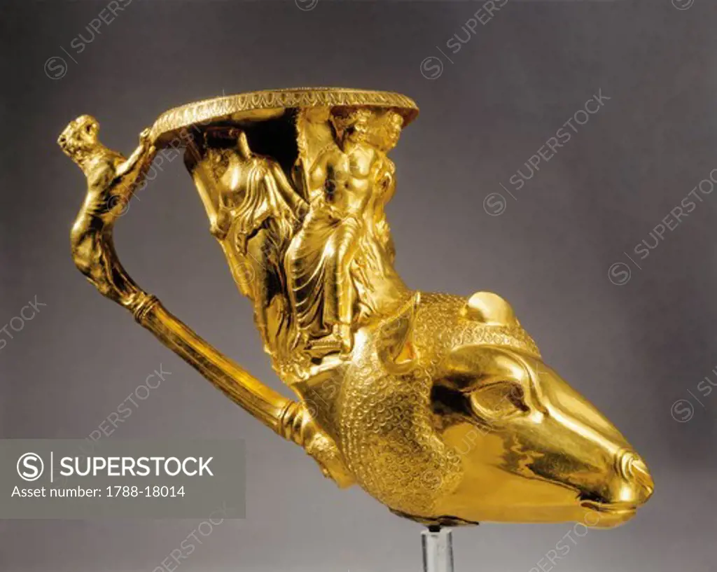 Gold rhyton in the shape of a ram's head with Dionysus, the nymph Eriope and lion-shaped handle, Panagjuriste treasure from Bulgaria, Plovdiv, Panagjuriste