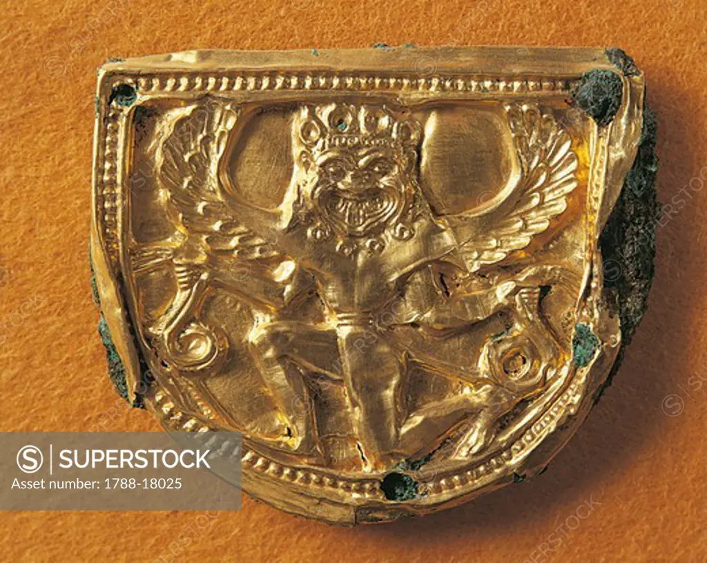 Gorgon. Embossed gold foil mounted on bronze