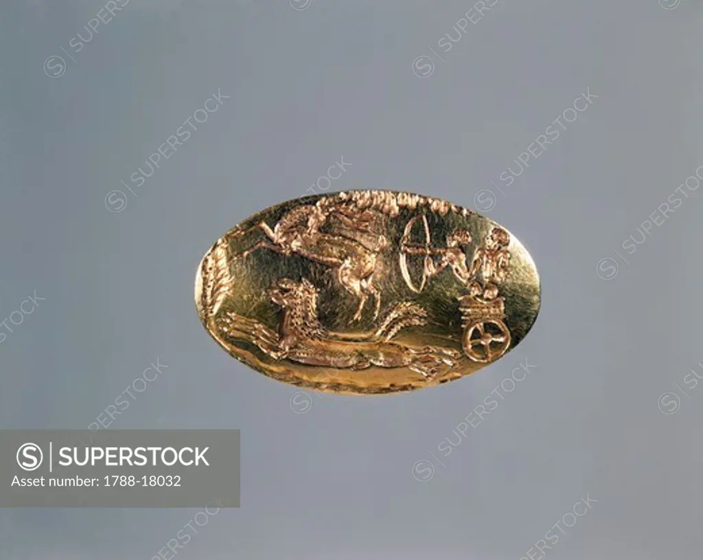 Gold signet ring with relief of deer hunting from Mycenae, Grave Circle A, Tomb IV