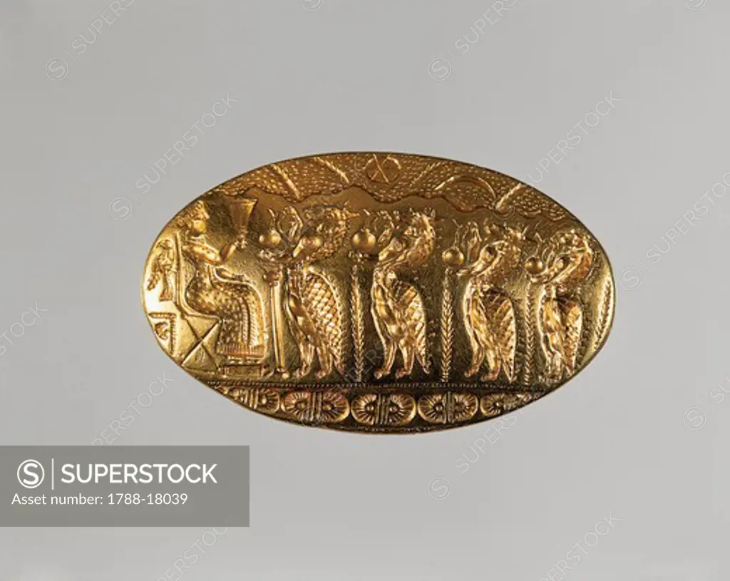 Gold signet ring with worship scene, from Tiryns, Greece