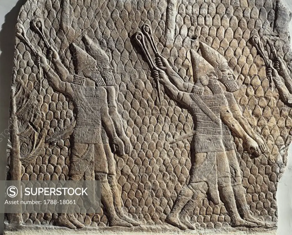 Scene with Assyrian soldiers armed with slings, Relief from Royal Palaces of Nineveh, circa 645 B.C.