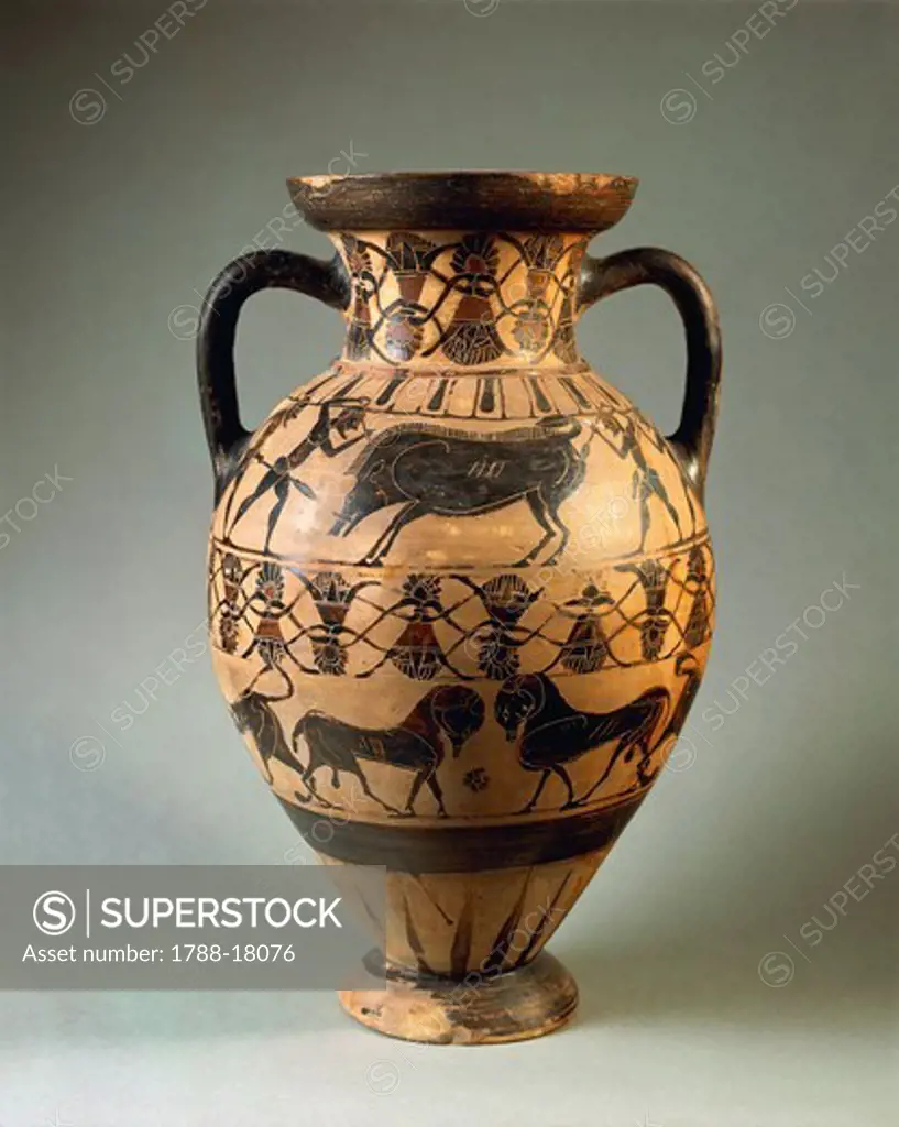 Amphora depicting scene of wild boar hunting, attributed to Goltyr Painter, circa 560 B.C., from Tyre, Lebanon