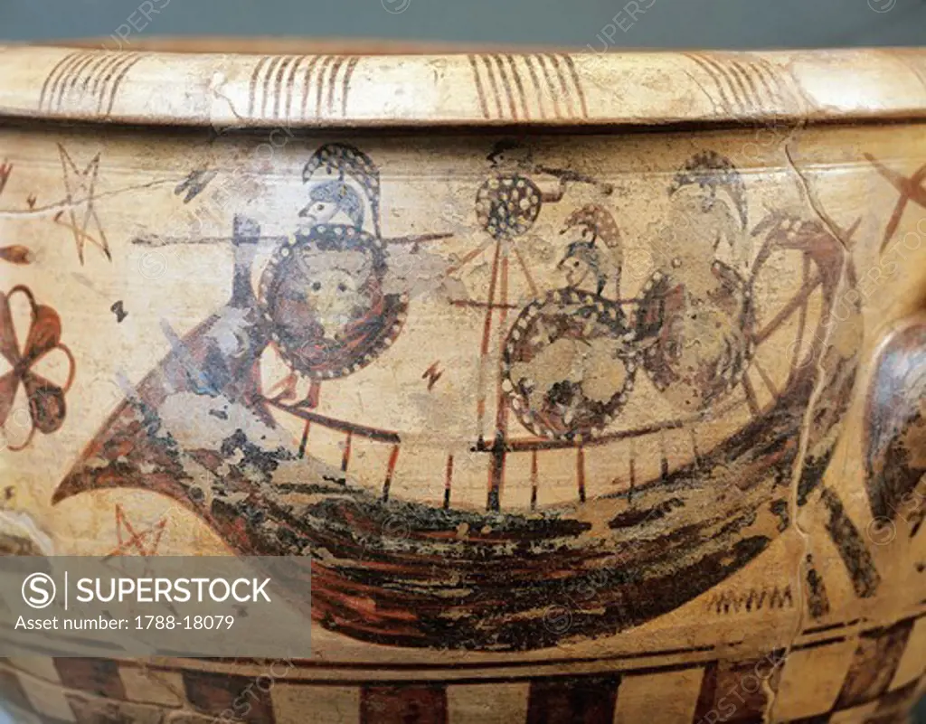 Krater Aristonothos, side depicting naval battle, detail, from Cerveteri (Rome province, Italy)