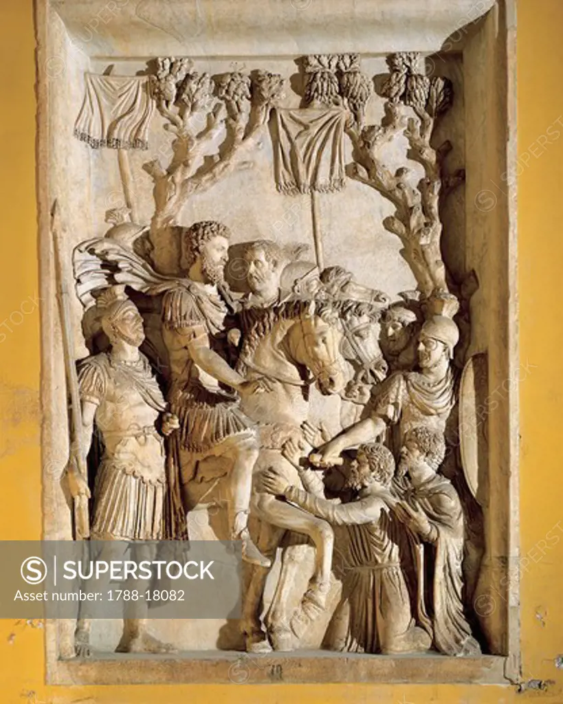 Relief representing Marcus Aurelius on horseback meeting defeated barbarians, 176-180 A.D.