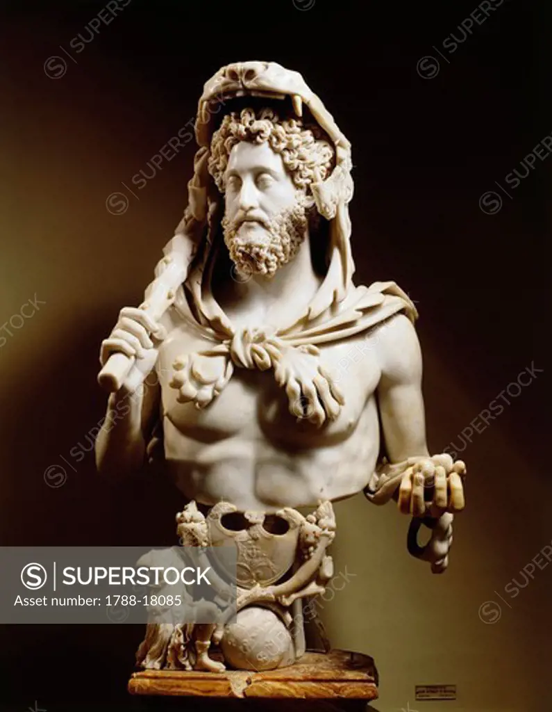 Emperor Commodus (160-192) with Hercules' symbols, marble statue, from Esquilino hill
