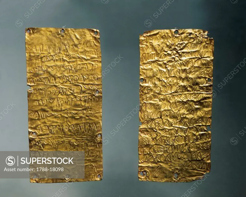 Gold foils with Phoenician (left) and Etruscan (right) inscriptions, from Pyrgi, Italy