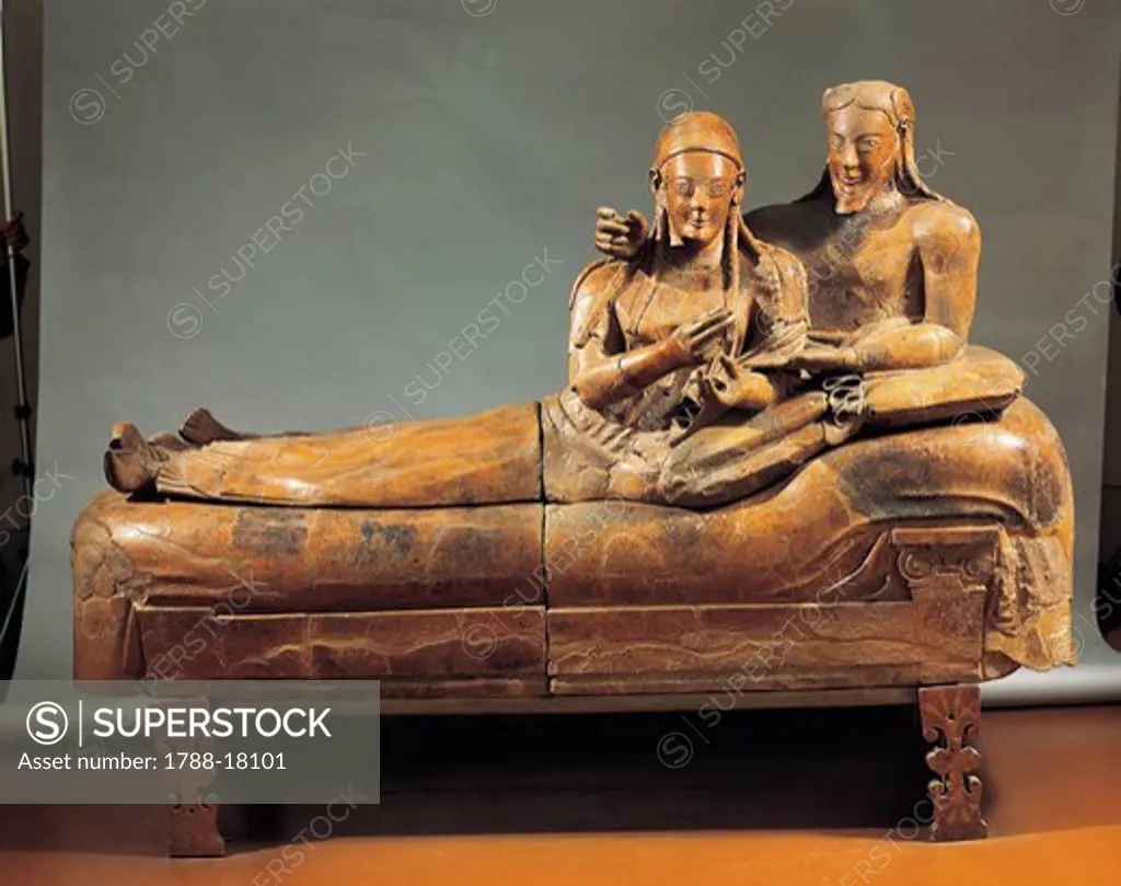 Painted terracotta Sarcophagus of the Spouses, from Cerveteri, Rome province, Italy, detail, 520 B.C.