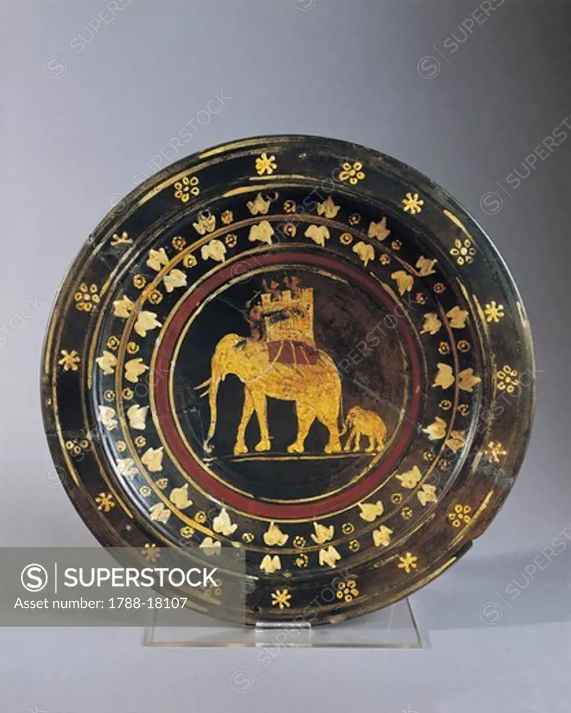 Plate decorated with war elephant figures from Capena, Rome Province, Italy