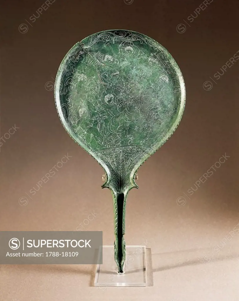 Bronze mirror, back side engraved with Cupids and lion