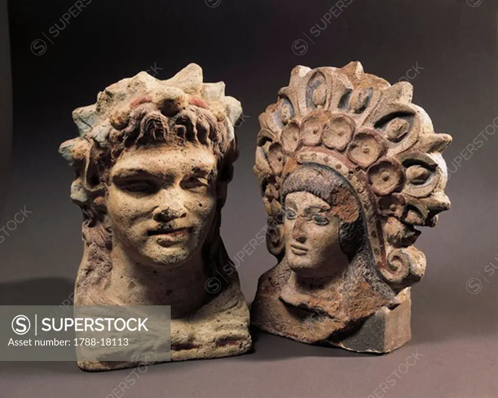 Antefixes in the shape of female and male head, from Cerveteri, Rome province, Italy