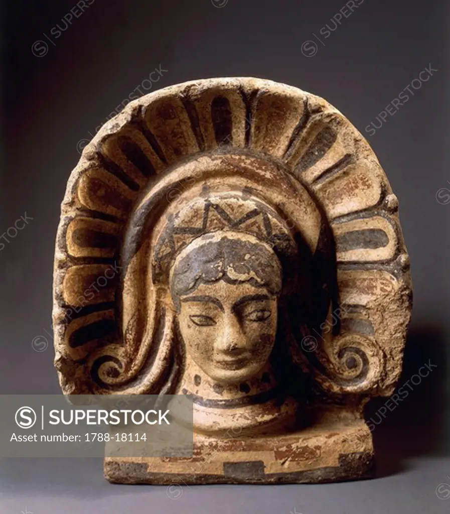 Antefix in the shape of female head, from Cerveteri, Rome province, Italy