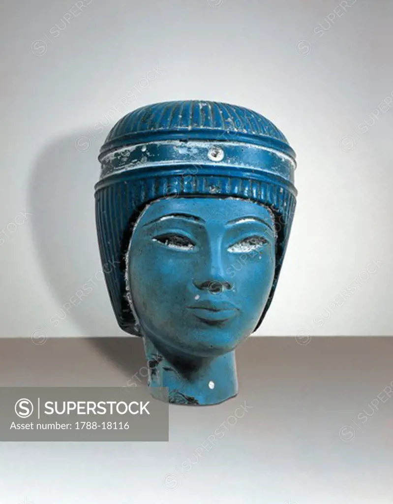 Blue vitreous paste head of a king, probably Tutankhamen