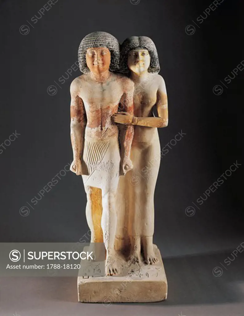Statue of inspector of scribes Raherka and his wife Meresankh, painted limestone, from Giza