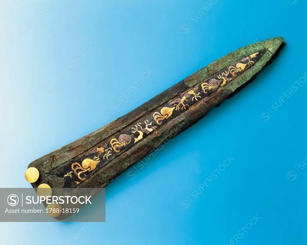 Dagger with gold inlays depicting an underwater landscape, from Routsi, Greece