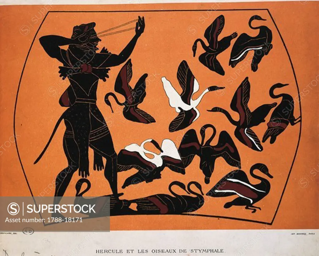Heracles and birds, drawing from vase, black-figure pottery