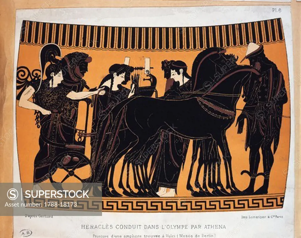 Heracles led to Olympus by Athena, drawing from amphora, black-figure pottery, from Vulci, illustration