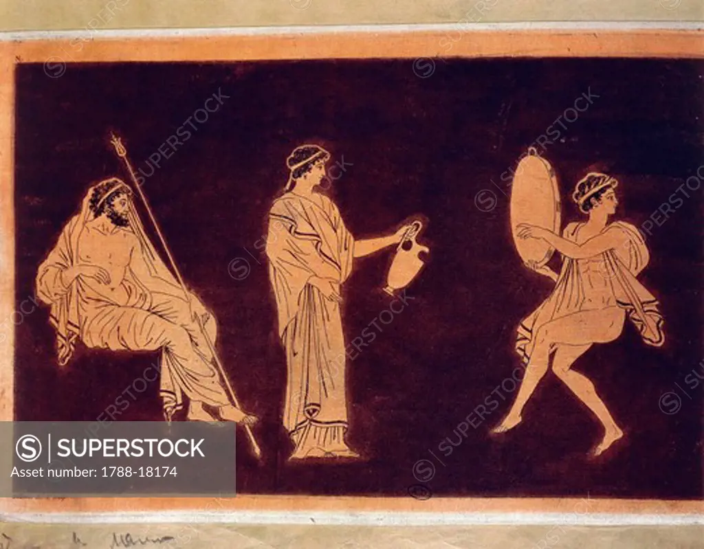 Dance and libation scene before Dionysus, drawing from vase, red-figure pottery, illustration