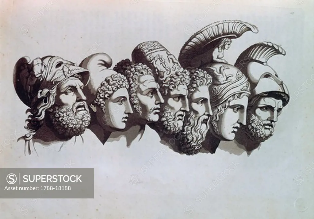 Heroes of Trojan War, from left: Agamemnon, Nestor, Ulysses, Diomedes, Pericles, Menelaus, from Giulio Ferrario, Ancient and Modern Custom of all Peoples, Milan 1827