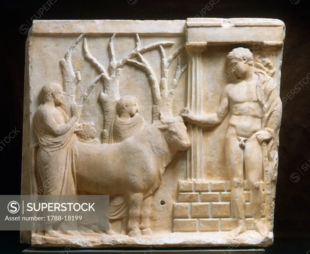 Votive relief with scene of bull sacrifice to Heracles