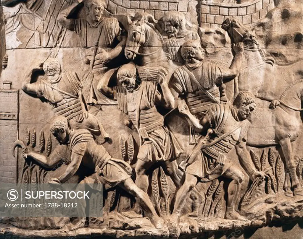 Cast of Trajan's Column, Detail of soldiers harvesting wheat in Dacia