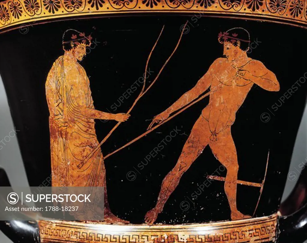Calyx-krater attributed to Painter of Kleophrades, Detail of athlete with trainer