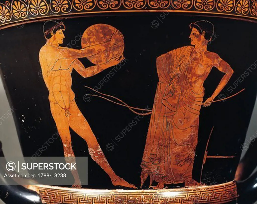 Calyx-krater attributed to Painter of Kleophrades, Detail of discobolus with trainer