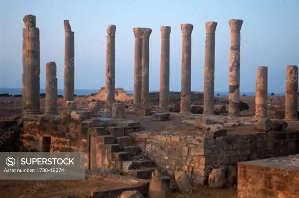 Libya, Cyrene, Historical Cyrenaica, Colonnaded hall of Ancient Ptolemais (Tulmaythah)