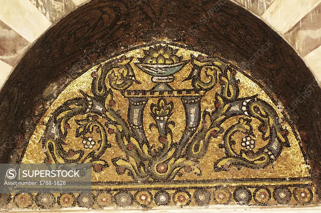 Syria - Damascus. Ancient city. UNESCO World Heritage List, 1979. Mamluk Sultan Baybars Memorial, 13th century. Mosaic ornamentation of lunette