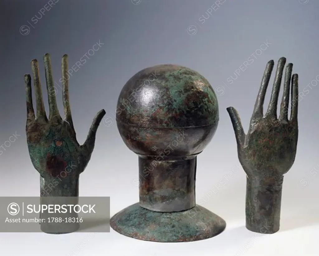 Stylized bronze hands and head, From Vulci (Latium region, Italy)