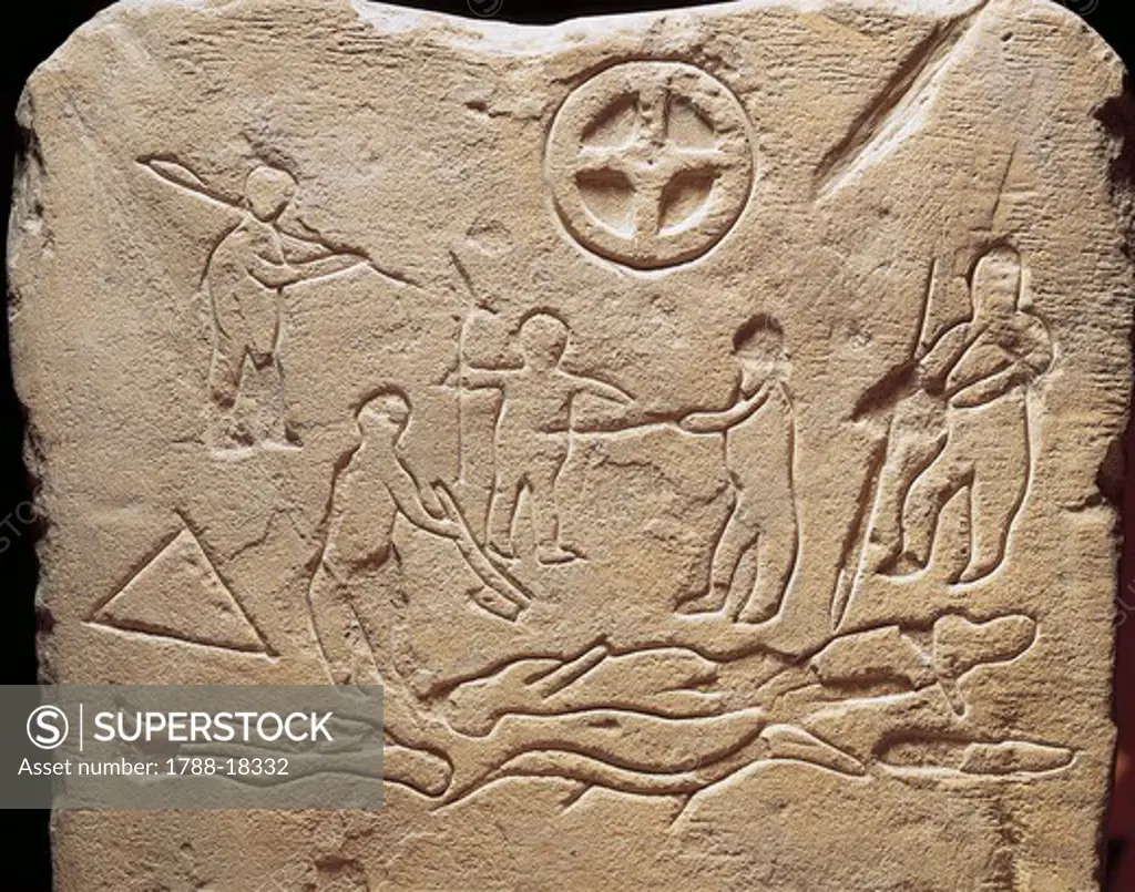 Sandstone Novilara Stele, detail showing fighting scene
