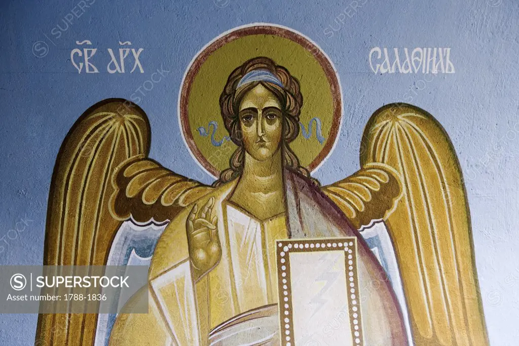 Ukraine - Crimea. Bakhchysaray. Church of the Assumption of the Virgin, funded in the 8th century. Fresco detail. An angel