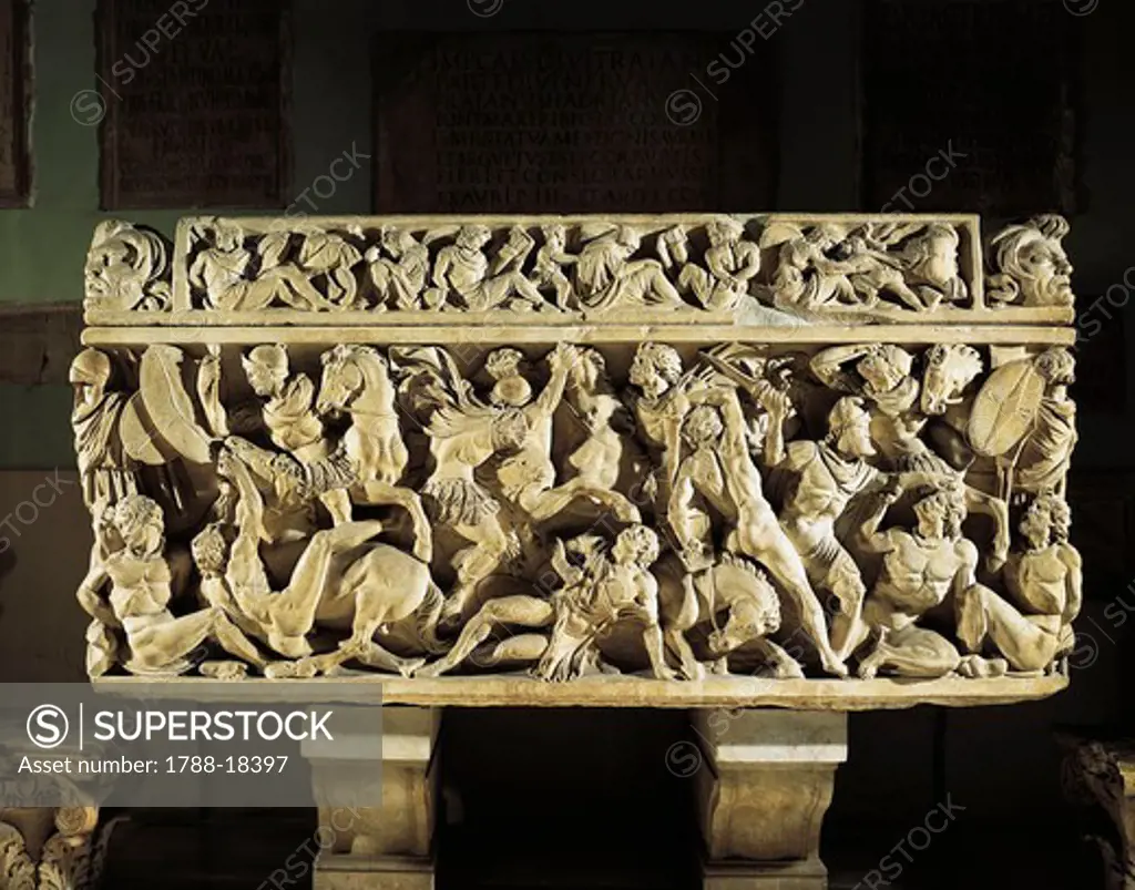 Marble sarcophagus known as Amendola sarcophagus with battle scenes between Romans and Barbarians