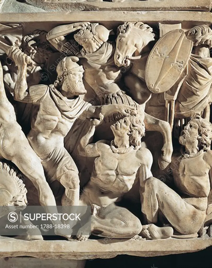 Marble sarcophagus known as Amendola sarcophagus with battle scenes between Romans and Barbarians