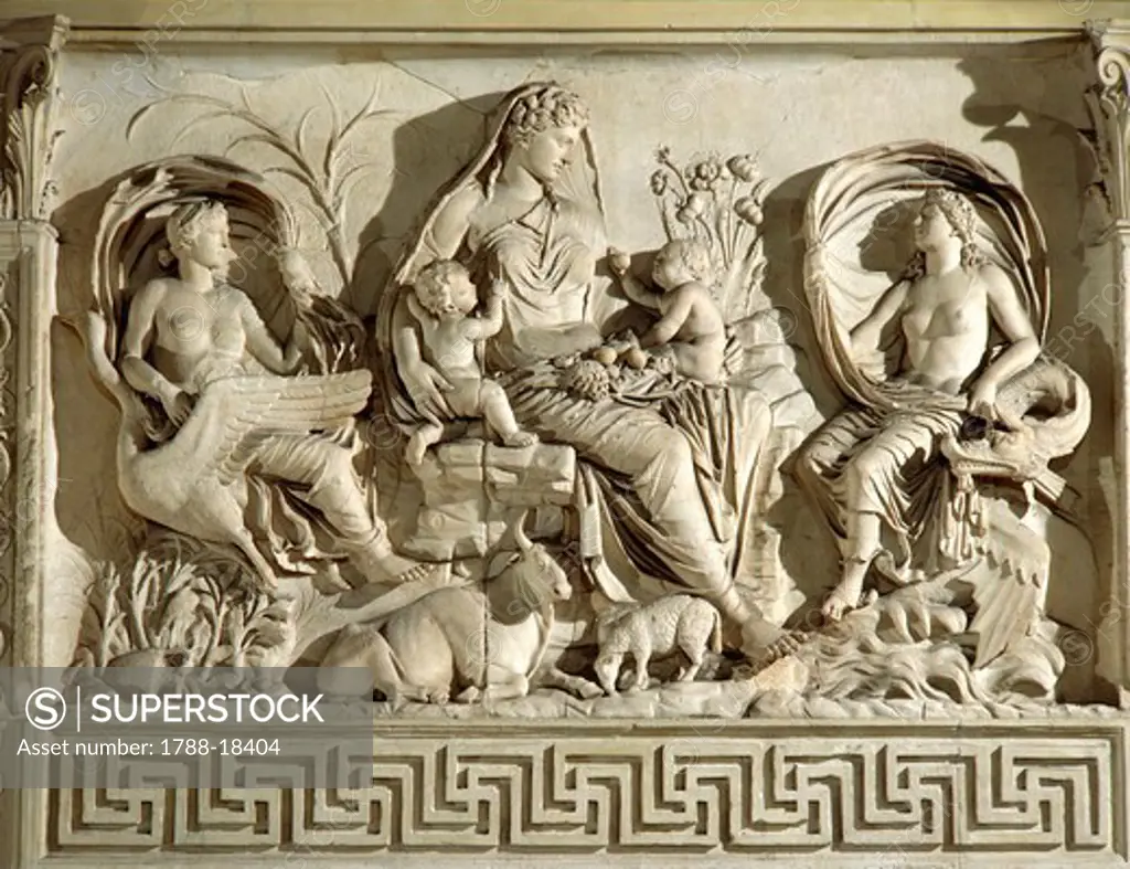 Italy, Rome, Reconstructed monumental Ara Pacis Augustae, East side relief of earth goddess Tellus with infants and fertility symbols Water and Air, 1st century BC