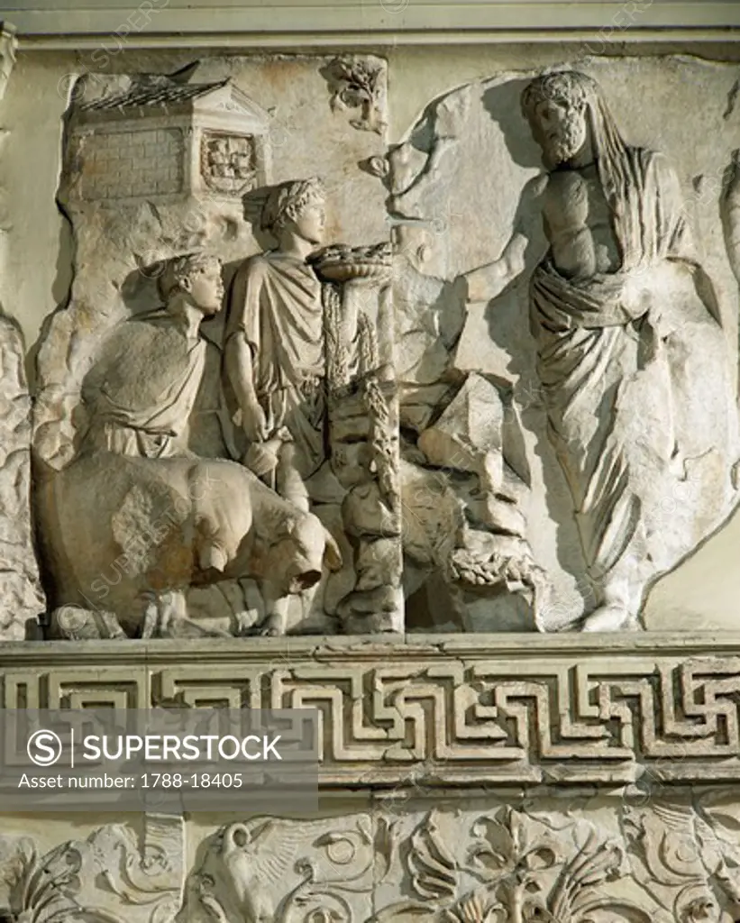 Relief of Aeneas sacrificing to Penates, on Ara Pacis Augustae, altar built between 13 and 9 B.C.