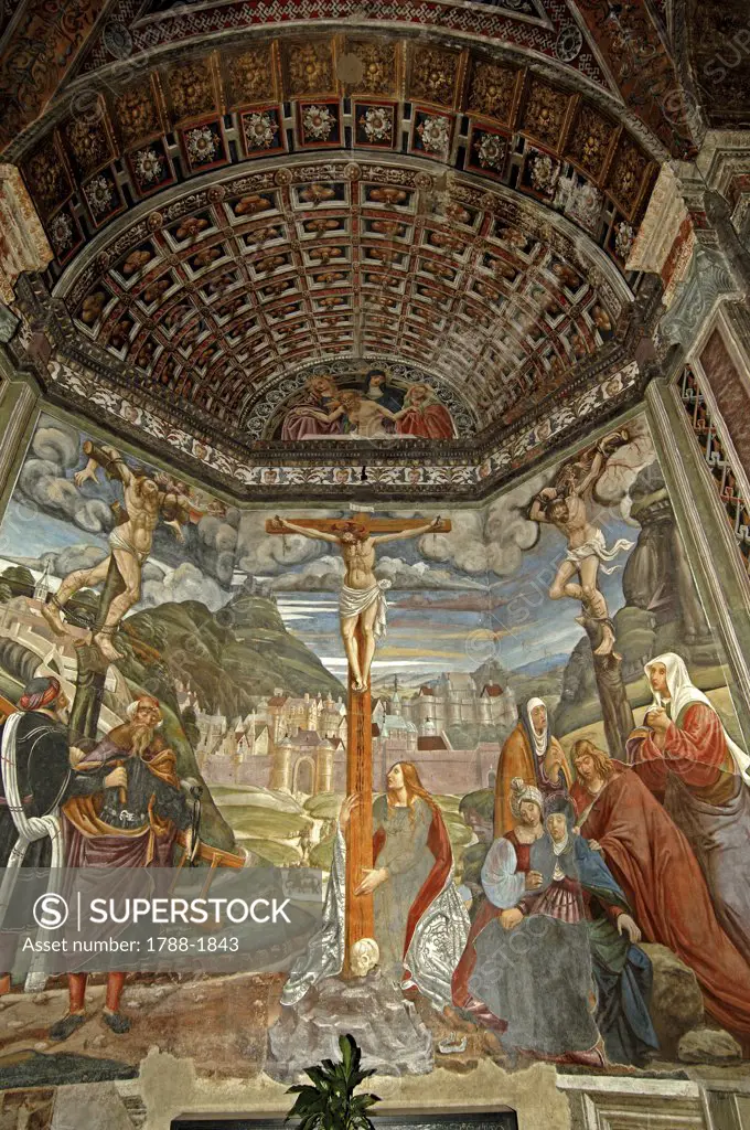Italy - Piedmont Region - Biella. Church of St. Sebastian (16th century), interior. The Crucifixion of Jesus Christ, fresco (16th century)