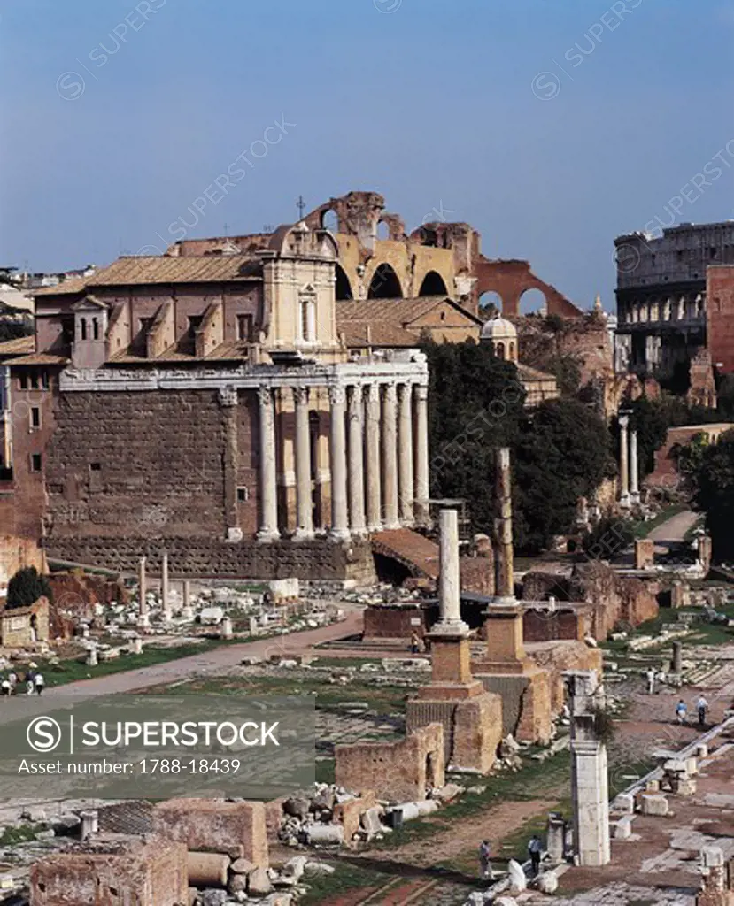 Italy, Latium region, Rome, Imperial Fora, Via Sacra, Forum square and Temple of Antoninus in background