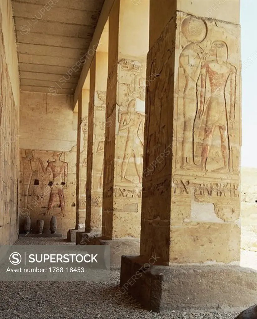 Egypt, Abydos, Temple of Seti I, Pillars of porch with reliefs relating to worship of Pharaoh Seti I