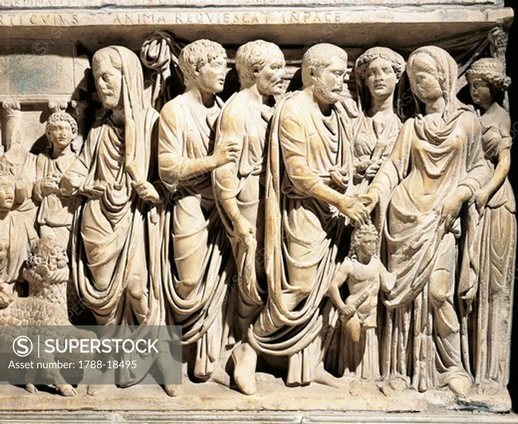 Italy, Latium region, Rome, Roman marble sarcophagus with relief depicting nuptial rite, celebration of marriage