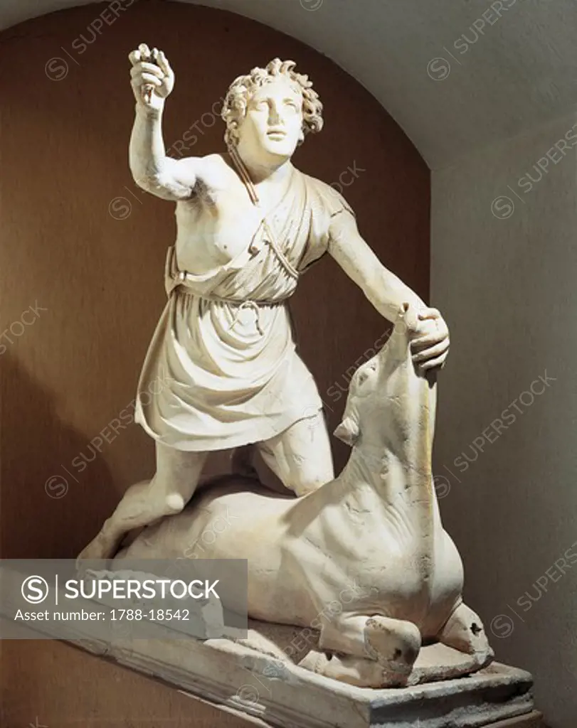 Pentelic marble Mithra slaying bull, signed by Kriton of Athens, from Mithraeum of Baths of Mithra, Ostia Antica