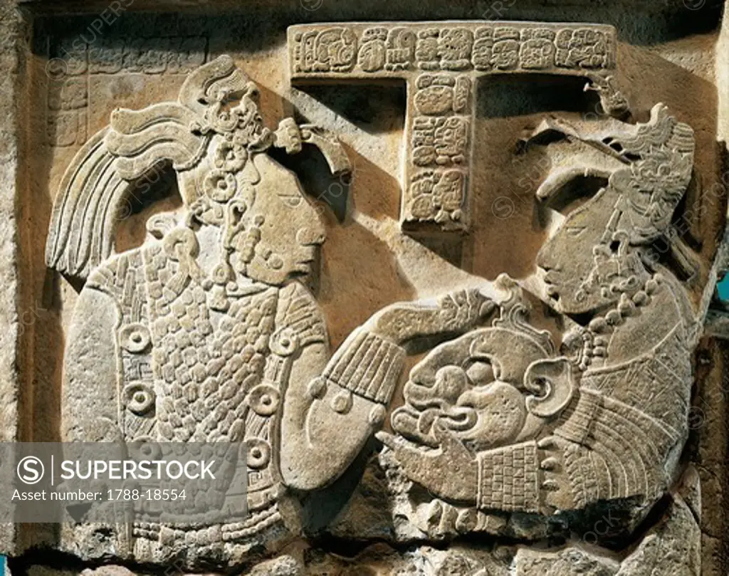 Mexico, Yaxchilan, Stele depicting offering of jaguar's head mask