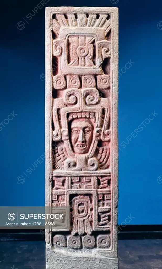 Mexico, Xochicalco, painted stone stele of birth of Quetzalcoatl