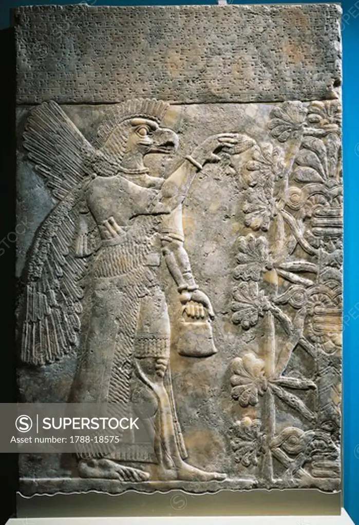 Relief depicting protective deity offering libations to sacred tree, from Nimrud, Iraq