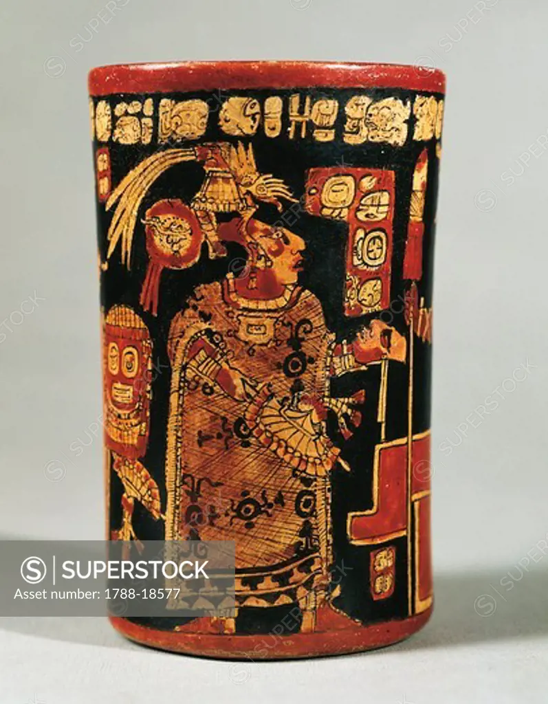Cylindrical vase with hieroglyphic text and dignitary, from Tikal