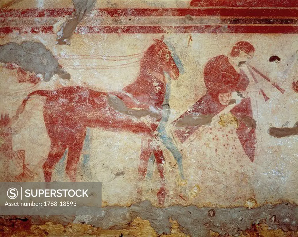 Italy, Latium region, Tarquinia, Etruscan Necropolis, Tomb of Baron, fresco depicting double flute player and pair of horses