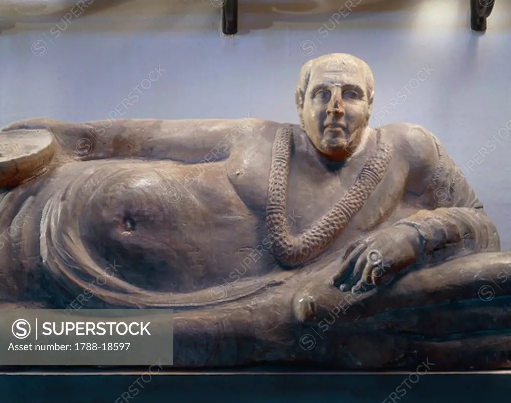 Alabaster funerary sculpture known as Sarcophagus of Obese Man, from Chiusi, Siena province, Italy