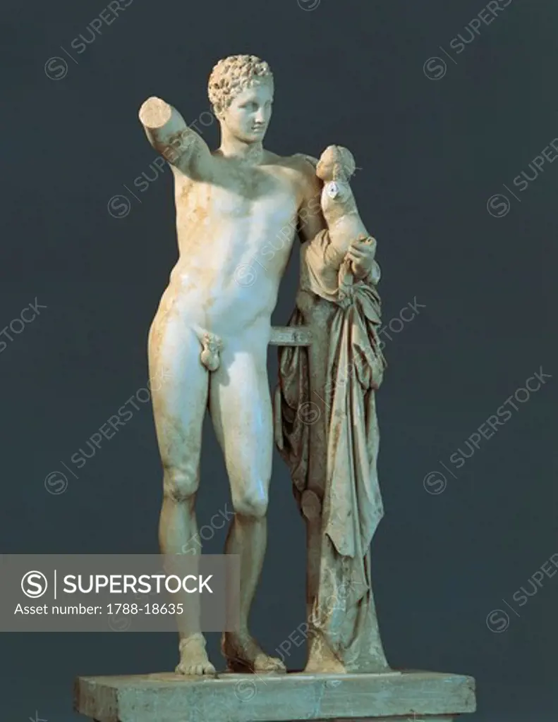 Hermes and the infant Dionysus from the Temple of Hera at Olympia by Praxiteles (active 375-326 B.C.), marble,