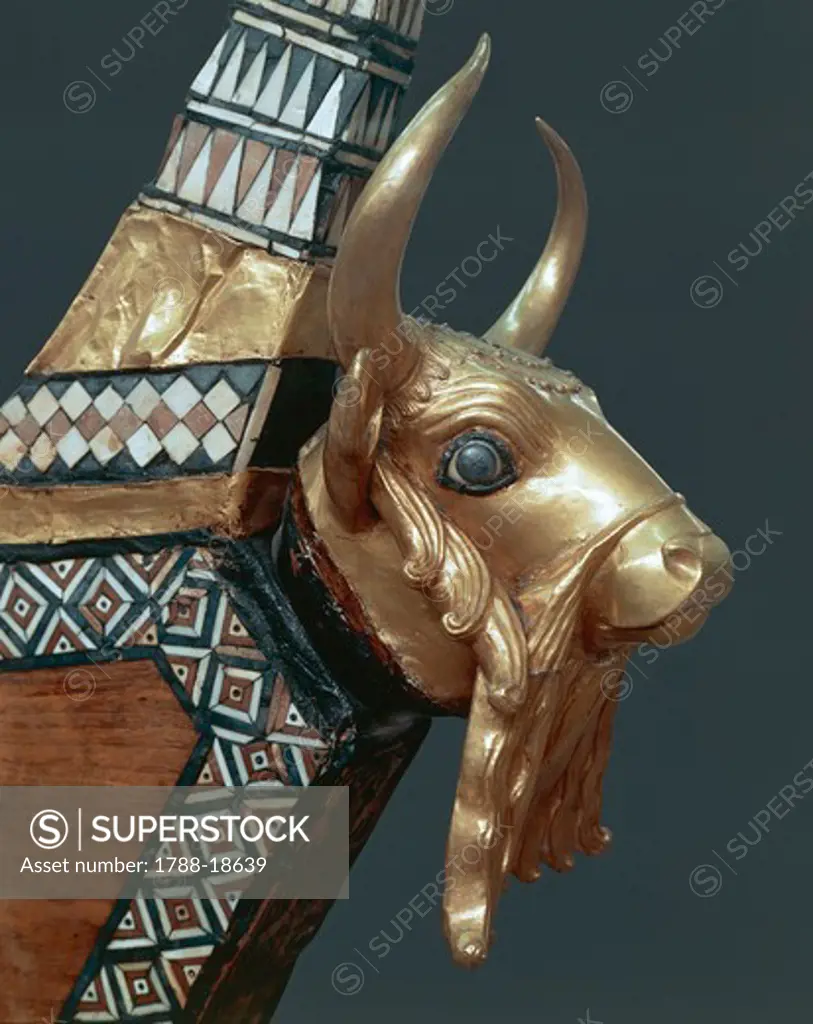 Bull's head decorating a harp, which belonged to Princess Shub-Ad of Ur