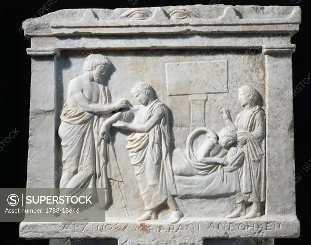 Attica, Oropos, Temple of Amphiaraos, Votive marble relief depicting Amphiaraus healing Archinus' shoulder