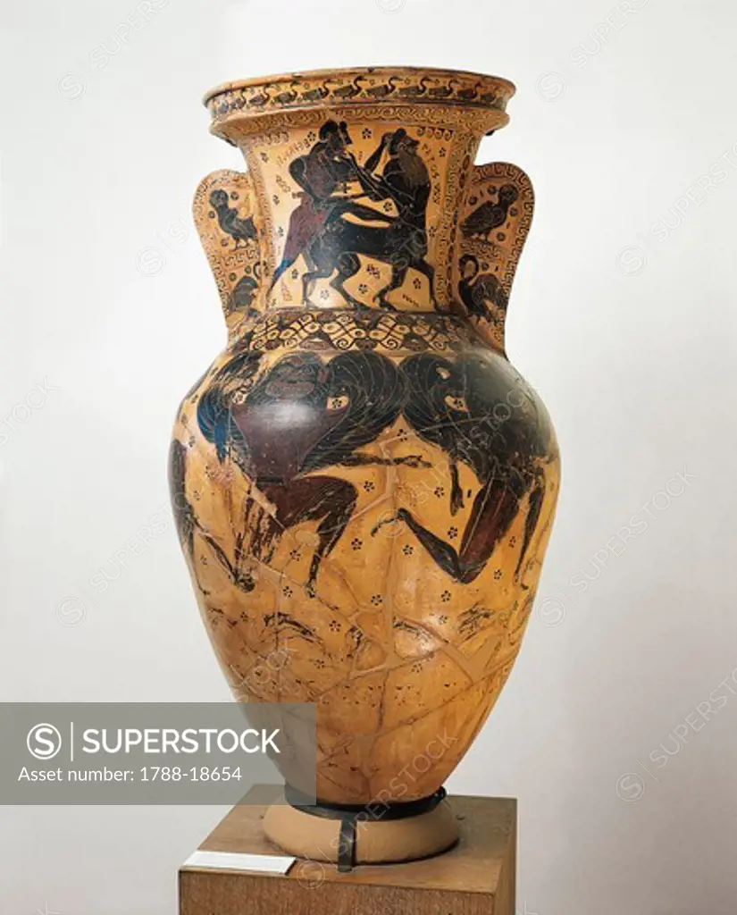 Protoattic Amphora, depicting Heracles and the centaur Nessus, by the Nettos Painter, black-figure pottery